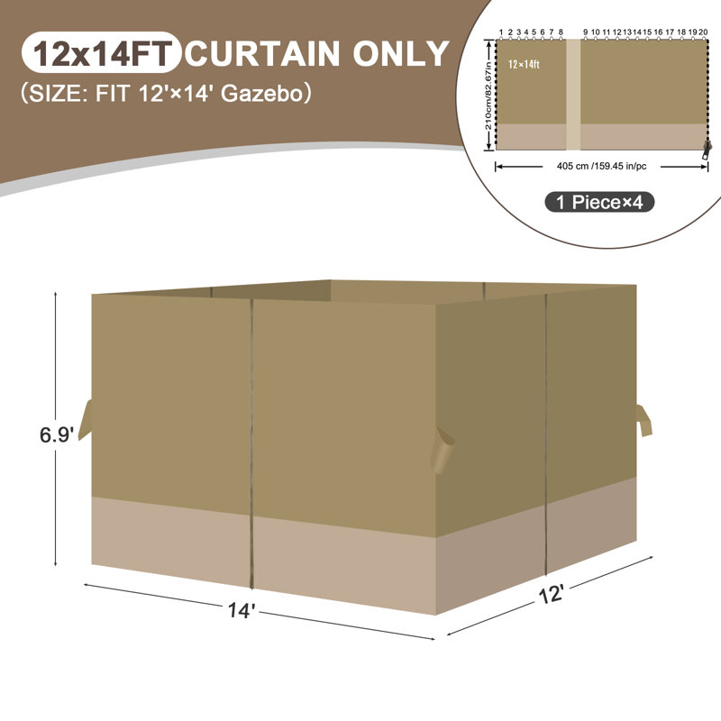 Aoodor Replacement 4-Panel Gazebo Sidewall Curtains, Khaki and Sand Yellow, 82.7" H x 144" W x 168" D