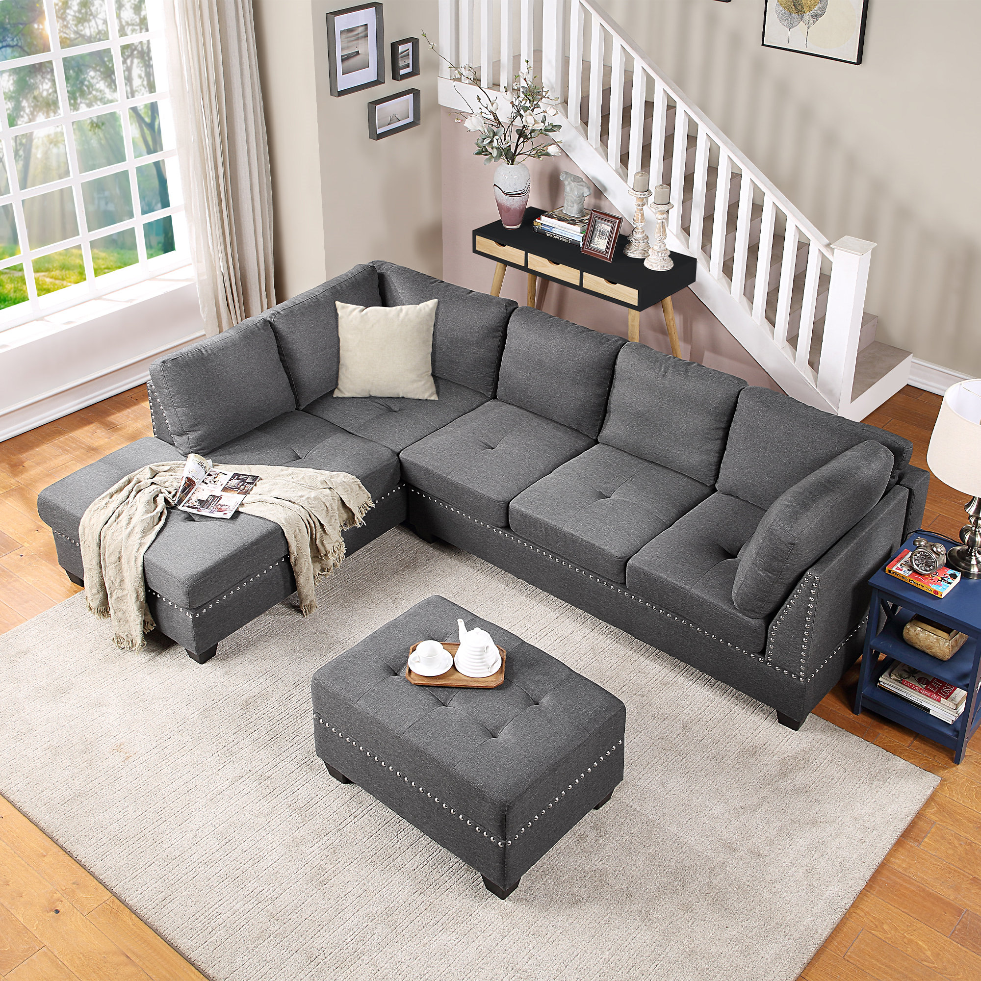 Latitude Run® 105" Linen Square Arm Sofa Chaise with Reversible ...