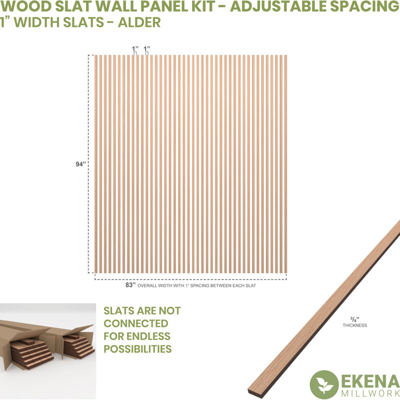 Ensemble de panneaux muraux réglables à lattes de bois, L 83 po x H 94 po x P 0,375 po, Aulne
