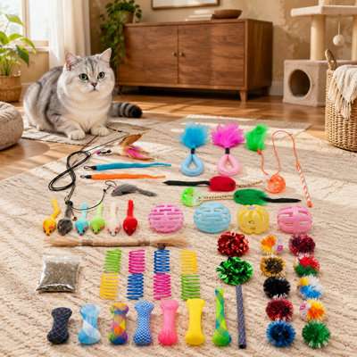 Assortiment de 50 jouets d'intérieur pour chat comprenant une souris et des plumes à suspendre à la porte, un ressort pour chat, une baguette à chat, de l'herbe à chat, des balles crissantes et un bâtonnet de vigne argentée.