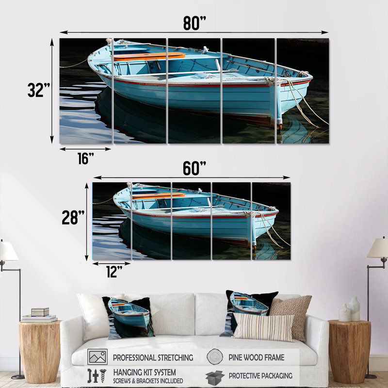 «Blue and Red Fishing Boat Expedition» - ensemble d'art mural 5 pièces, H 32 po x l 80 po