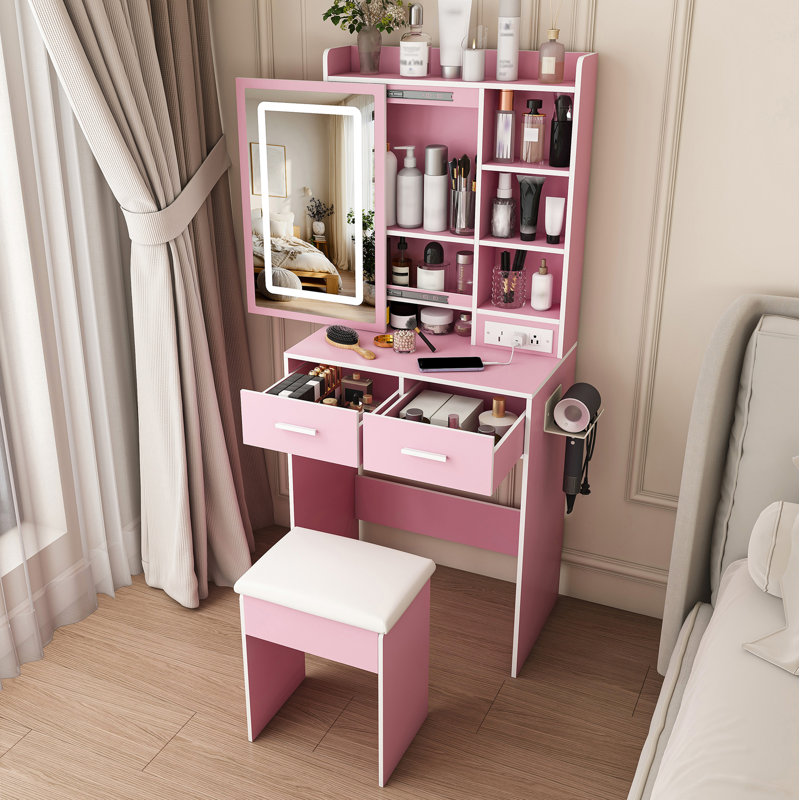 Petit bureau de coiffeuse avec miroir et lumières DEL réglables, prise de courant intégrée et rangement dissimulé, comprend tabouret et tablette rembourrés, coiffeuse pour petites chambres, rose