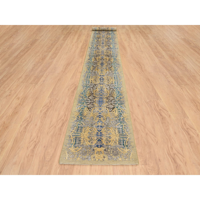 Sumya One-of-a-Kind 2'6" x 18' New Age Runner Cotton and Silk Area Rug in Blue and Brown