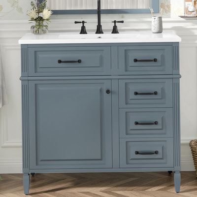 36-Inch Bathroom Vanity With Ceramic Sink Top, Solid Wood Frame And MDF Cabinet, Flip Drawer Design With Adjustable Shelf And Metal Handles, Freestanding Bathroom Storage Cabinet (Faucet Not Included)