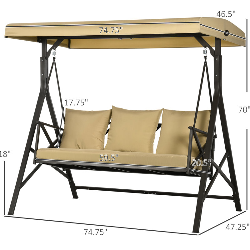 3 Backyard Swing With Canopy And Supportive Porch Cushion & Adjustable Canopy, Khaki - Ideal For Backyard, Porch, Poolside 74.13"l X 46.36"w