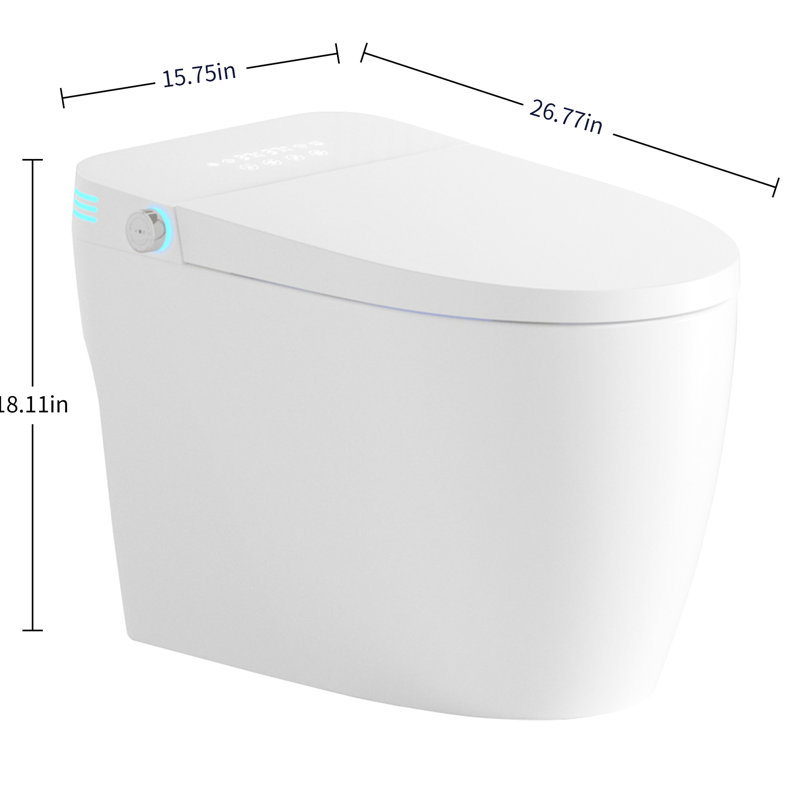 Toilette intelligente avec bidet intégré, chasse d'eau automatique et siège chauffant, fonction de séchage à l'eau chaude réglable, options de lavage multiples, y compris lavage par bulles de massage, affichage numérique coloré nuit douce, pied