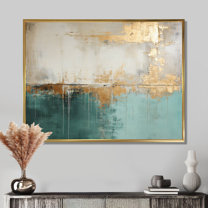Minimalisme doré et horizon bleu sarcelle - impressions sur toile glamour moderne, Reproduction avec cadre flottant, Doré