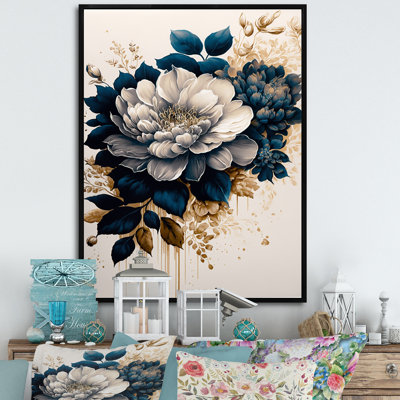 «Blue and Gold Dahlia Bunch IV», art mural sur toile floral et botanique