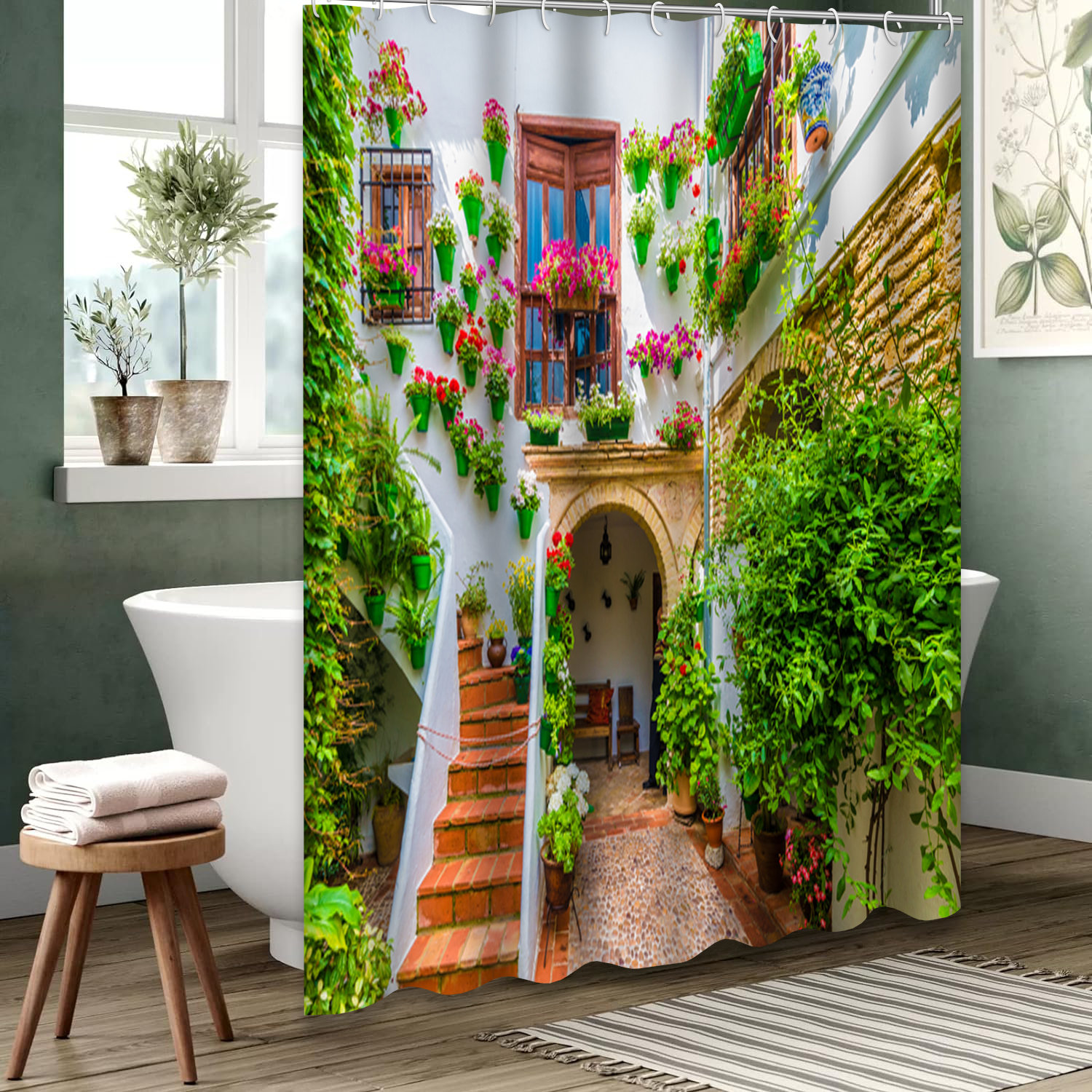 East Urban Home Courtyard Waterproof Shower Curtain,Traditional House ...