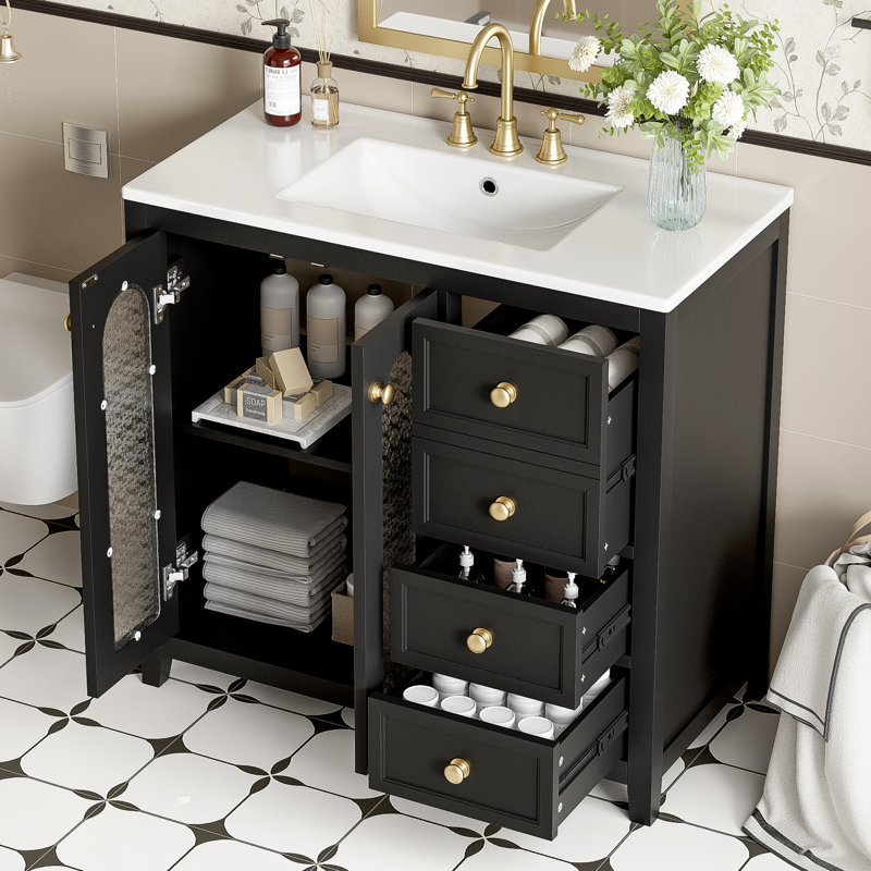 Meuble-lavabo 36 po avec lavabo simple et 2 portes en verre à fermeture en douceur, Noir, noir, noir, noir