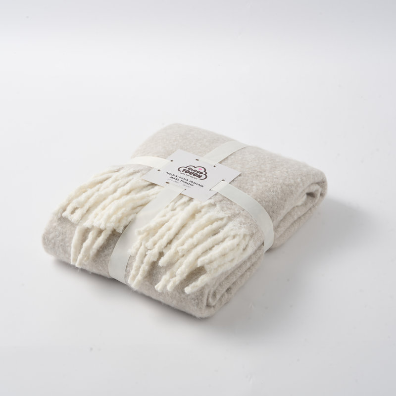 Faux Mohair Throw - Soft Fringed Blanket, Beige