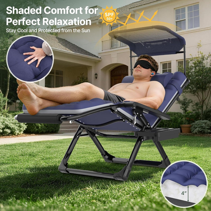 Zero Gravity Chair With Canopy, 500 Lb Heavy-Duty Adjustable Reclining Lounge Chair With Cushion, Pillow & Cup Holder, Foldable Outdoor Patio Recliner