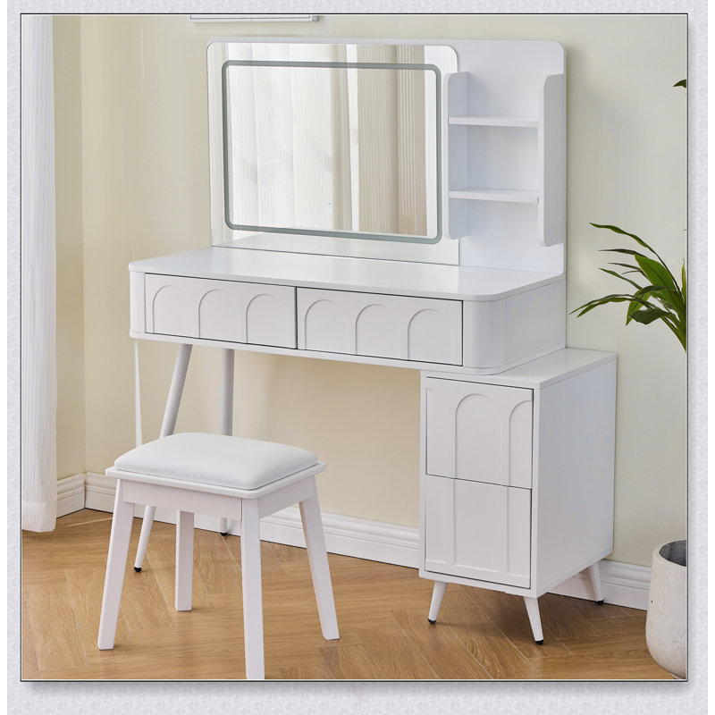 Modern Makeup Vanity Desk With LED Lights & Mirror, 4 Drawer Dressing Table Set With Stool, 3 Colors Dimmable Brightness, Space-Saving For Bedroom
