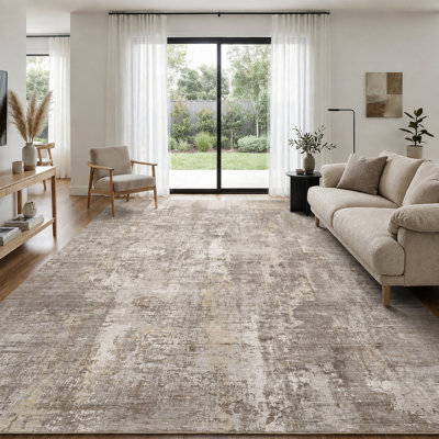 Distressed Modern Abstract Machine Washable Area Rug in Beige/Brown for Living Room or Bedroon