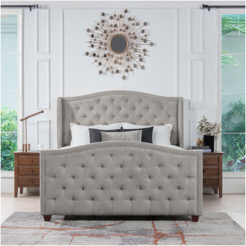 Ensemble de lit tête de lit tapissier Marcella, grand, polyester gris argenté, Grand lit, Gris argenté