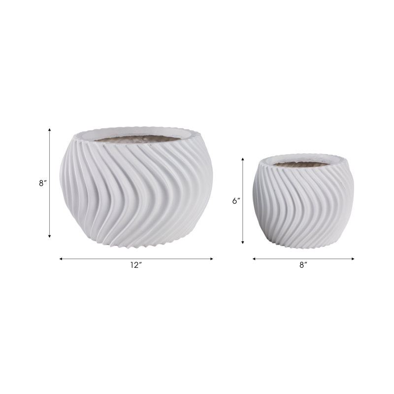 Polyresin Planters With Twisted Design And Sculptural Detailing, Set Of 2, White