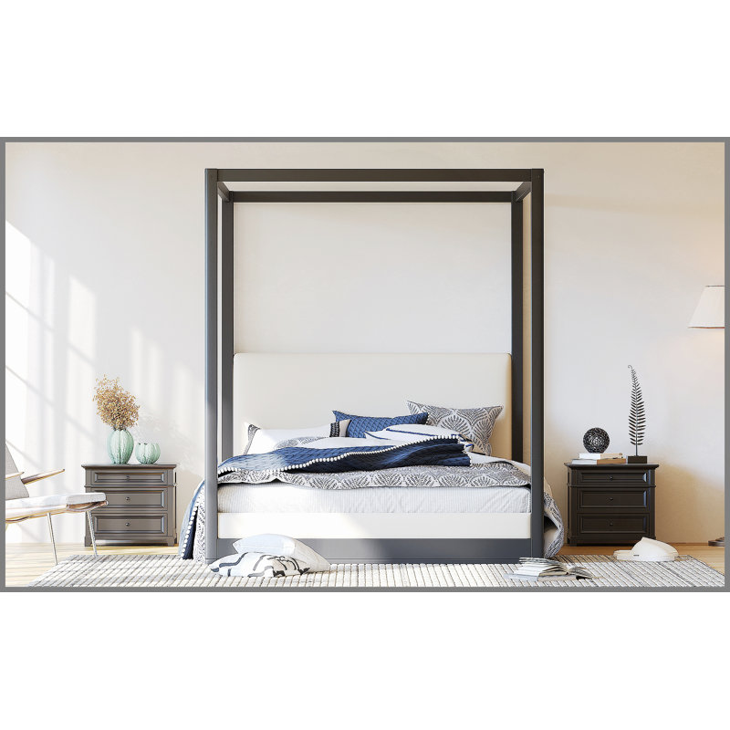 Lit plateforme à baldaquin en bois grand avec tête de lit tapissier, structure noire et tissu blanc, Queen, Black