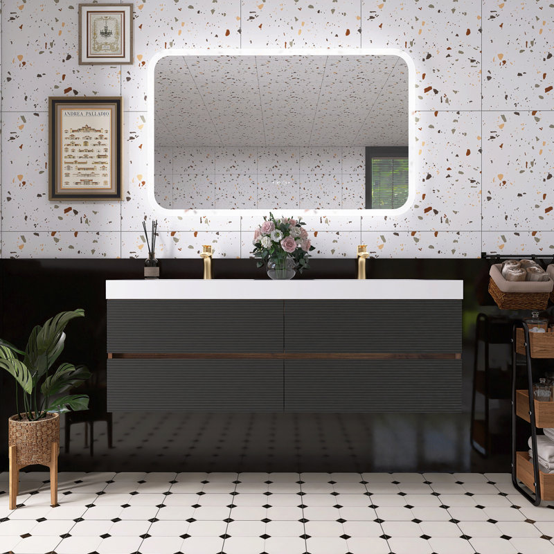 Meuble-lavabo en noyer avec lavabo à surface solide blanc brillant
