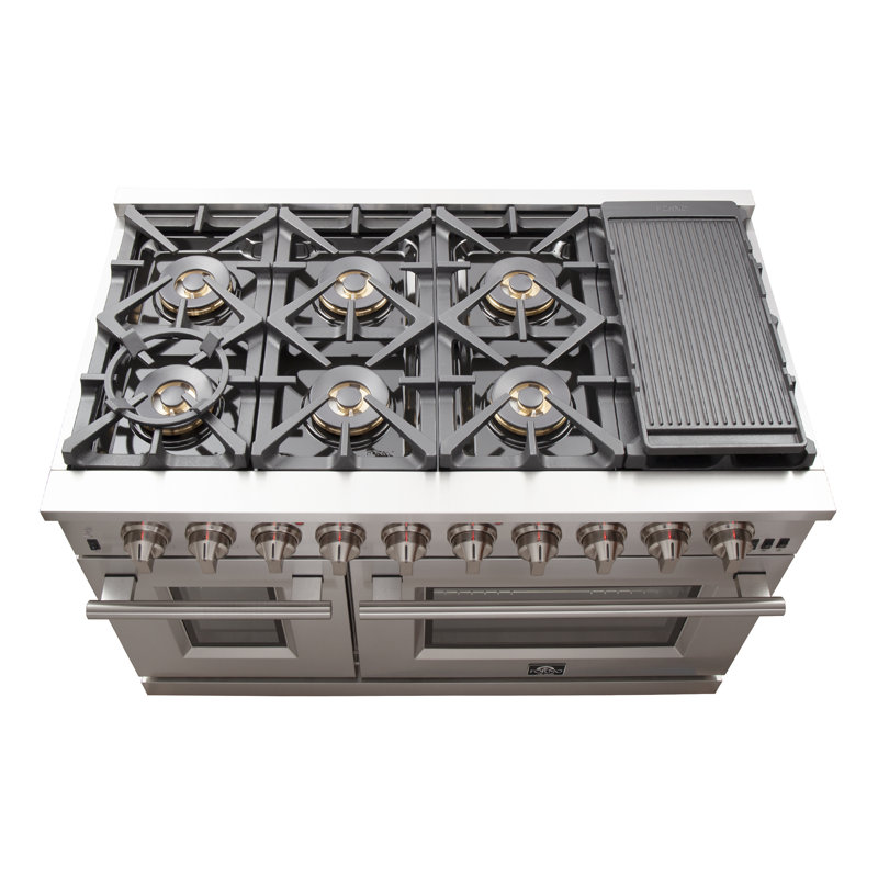 Capriasca 48-inch Gas Range Stainless Steel, 8 Brass Burners 160,000 BTU, 6.58 cu.ft. Double Ovens