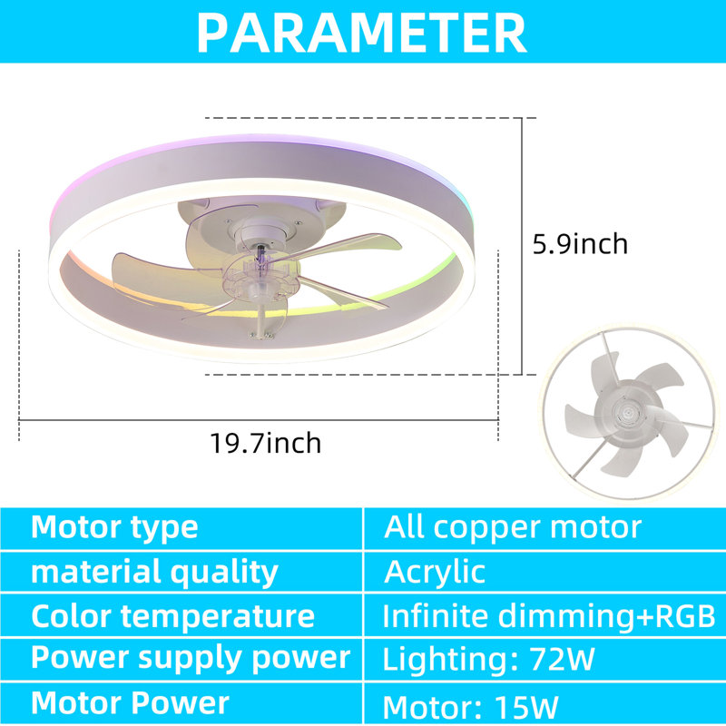 19.7 inches fan light RGB colour lights three colour temperature 6-speed adjustable wind power positive and negative rotation