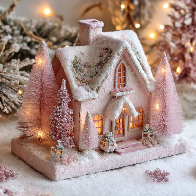 Pink Winter Cottage V Wrapped Canvas Wall Art