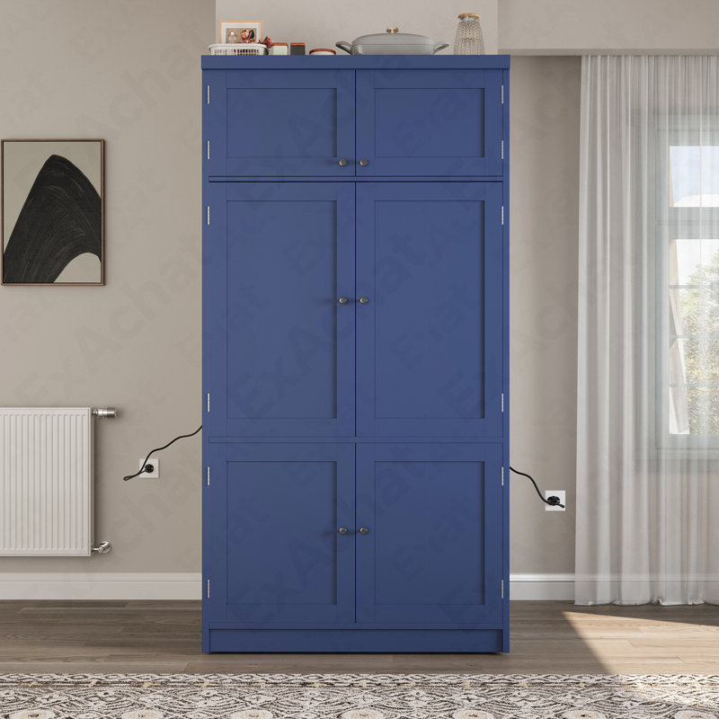 Garde-manger de style Shaker de 80,1 po de hauteur - armoire autoportante avec 2 prises et tablettes réglables, Bleu