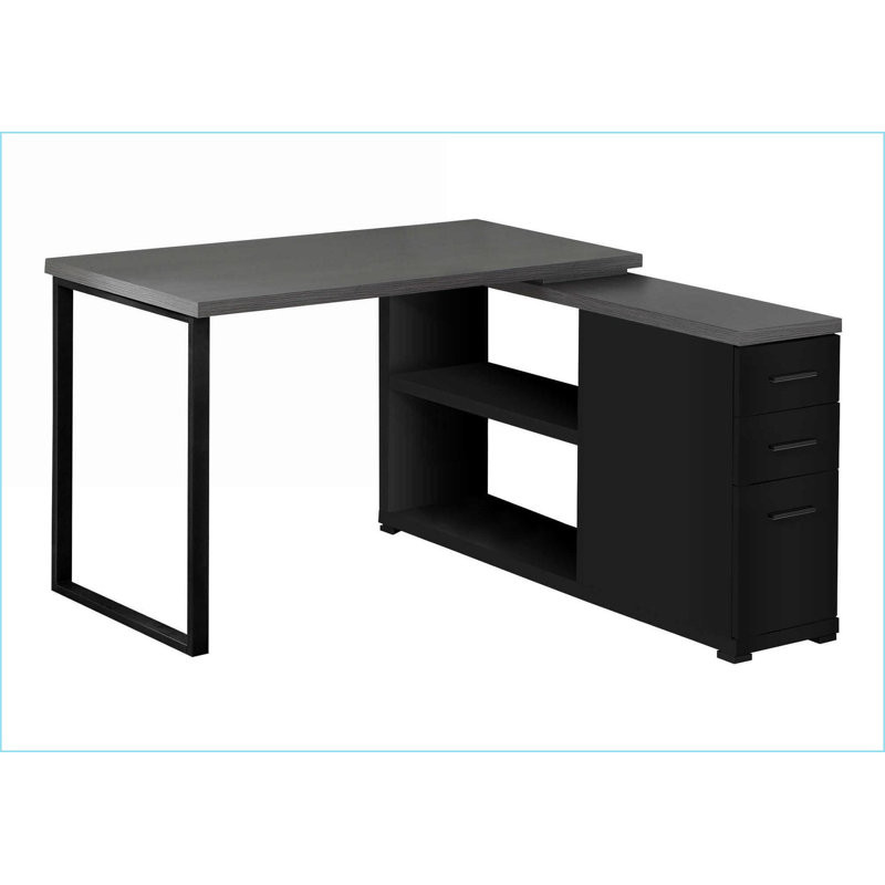 Bureau, bureau en L moderne avec configuration gauche / droite et amp; Tiroirs de rangement, noir Stratifié gris | Métal noir | Panneau de particules | Noir