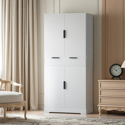 Fluted Kitchen Pantry Cabinet With 3 Keyboard Drawers & 6 Door Shelves Adjustable, Freestanding Cupboard Storage Cabinet For For Diningroom, Office, Entryway