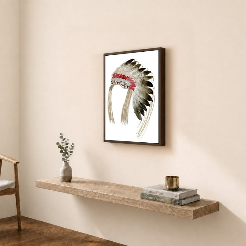 "Native American Head Dress" par Lucille Price, impression sur toile, 18 po x 24 po, Cadre plat flottant, Brun