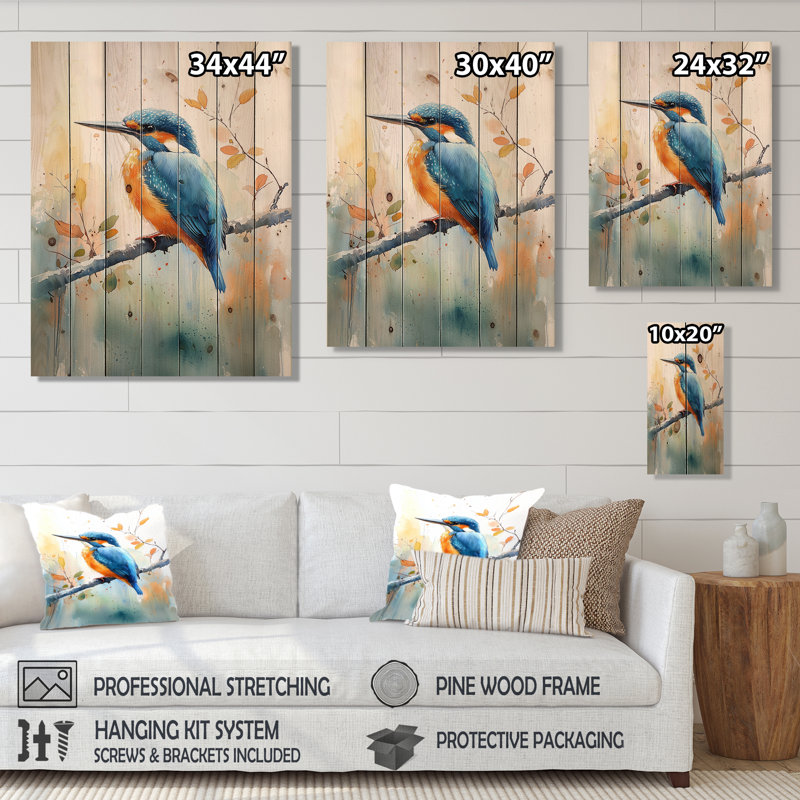 Très grand martin-pêcheur à la ferme - Décoration murale en bois d'oiseau - Sur bois de pin naturel