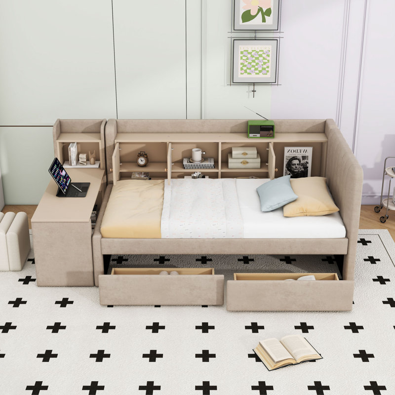 Twin-Size Velvet Upholstered Daybed with Drawers,Shelves and Desk, Beige