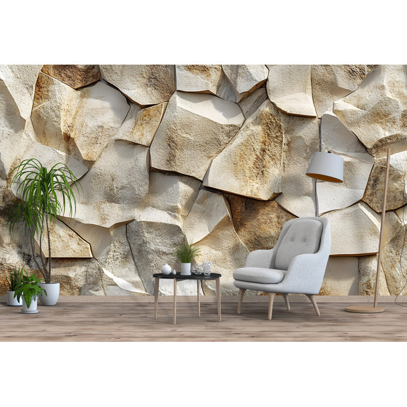 Sandstone Wall Texture Wallpaper – Beige 3D Stone Pattern, Natural Rock Formation, Rustic Earthy Background For Interior Or Exterior Use