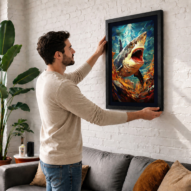 Aggressive Shark Strike Fantasy 1 Piece Single Picture Frame Wall Art, A1 - 84.1 x 59.4 cm, Black