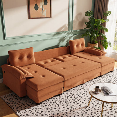 Canapé-lit 109,5 po en forme de U avec lit escamotable - Canapé modulaire convertible 2-en-1 avec accoudoirs amovibles et ports USB - Canapé modulaire surdimensionné avec méridienne pour salon, appartement - Chenille orange