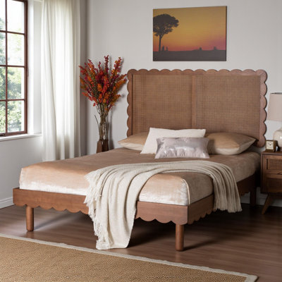 Mindy Queen Size Scalloped Platform Bed with Woven Rattan Headboard, 62.28'' H X 62.41'' W X 82.83'' L