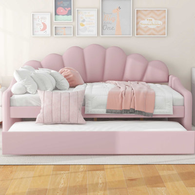 Full Size Daybed With Trundle In Pink Velvet - Construction, Comfortable And Soft Bed Surface Shall Shaped Build, Cozy Sleeping Option
