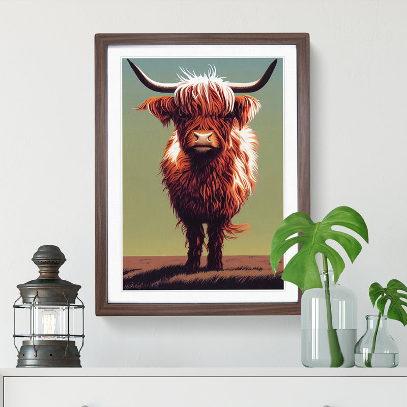 A Curious Highland Cow 1 Piece Single Picture Frame Wall Art, 46cm H x 34cm W x 2cm D, Walnut Framed