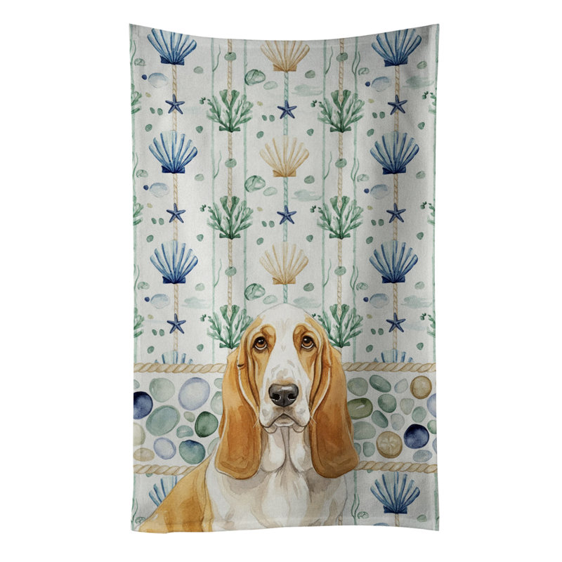 Lemon and White Basset Hound Coastal Sea Glass Kitchen Towel, Lemon and White Basset Hound