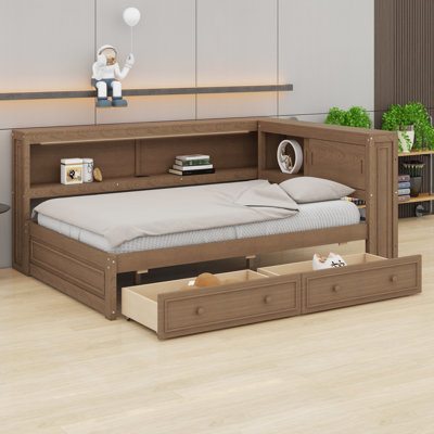 Lit de jour en bois avec tablettes de rangement intégrées, 2 tiroirs, lumières USB et DEL