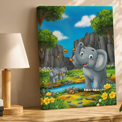 Toile dans un paysage animé animé, éléphant joyeux avec art mural, peau grise lisse et grands yeux expressifs, art mural