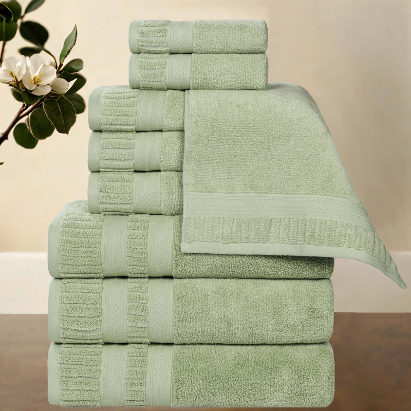 Venice Zero Twist Cotton Medium Weight Soft Absorbent Towel Set, Green, 9 Piece Towel Set