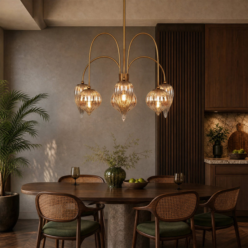 Lustre 6 lumières avec abat-jour en verre mercurisé