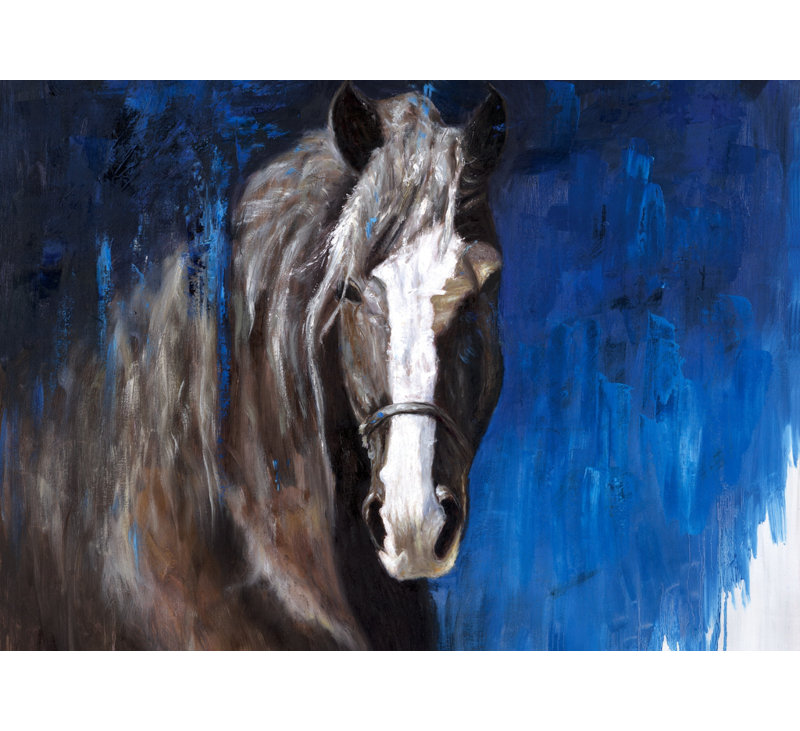 Cheval brun sur fond bleu | Décoration de chambre encadrée en toile