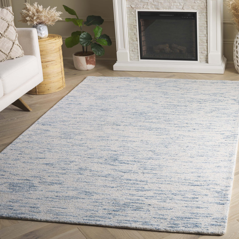 Tapis abstrait touffeté à la main en laine / coton touffeté à la main en ivoire / bleu clair Touete, Rectangle 5 pi x 8 pi