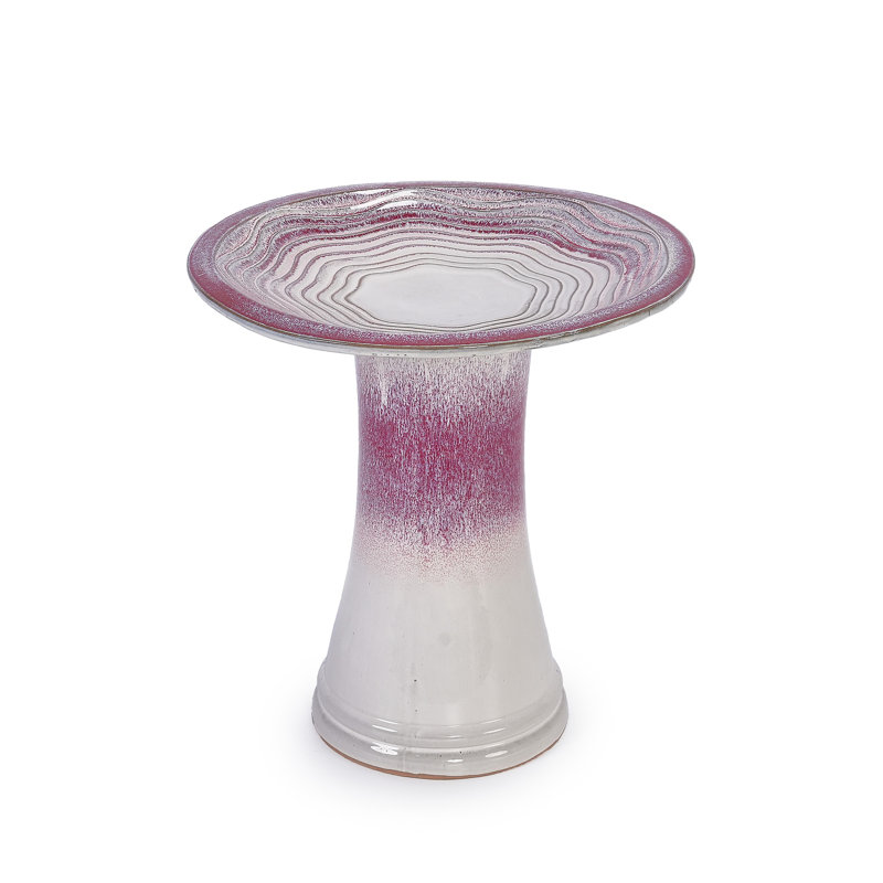 Bain d'oiseaux en céramique de 17 po pour l'extérieur, grand bain d'oiseaux élégant pour l'extérieur, bains d'oiseaux vernis à piédestal léger pour l'extérieur avec motif tourbillonnant, ombre rose