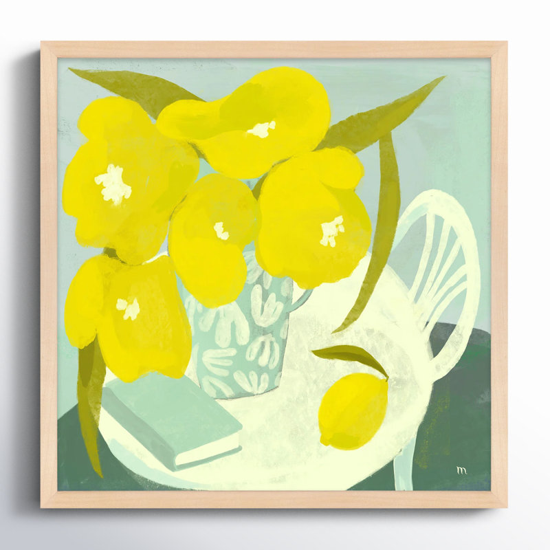 Yellow Flowers And Lemon Painting by StudioM, 30" H x 30" W x 1.25" D, Maple Framed