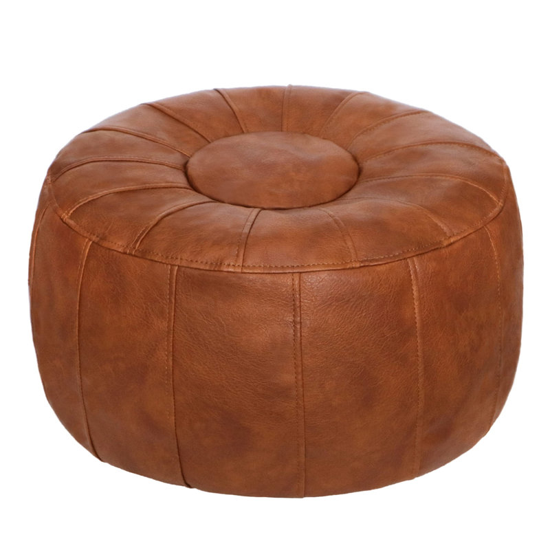Limbrey 21.7" Wide Leather Match Round Striped Pouf Ottoman(Unstuffed), Light Brown Leather Match