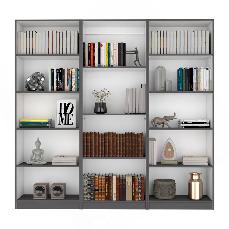 Ensemble de bibliothèque 3 pièces Bartow, 74 po de large avec 14 tablettes, ensemble de salon blanc, Gris mat