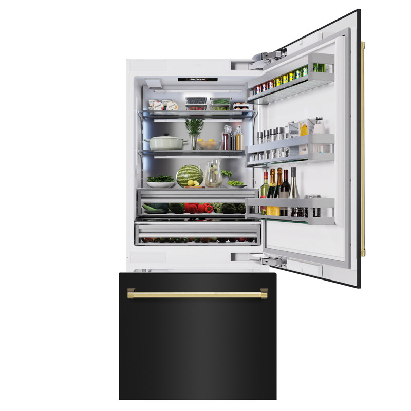 ZLINE Autograph Edition 36 in. 19.8 cu. ft. Built-In Bottom Freezer Refrigerator with Water Dispenser and Ice Maker in Stainless Steel with Graphite Gray Interior and Accents