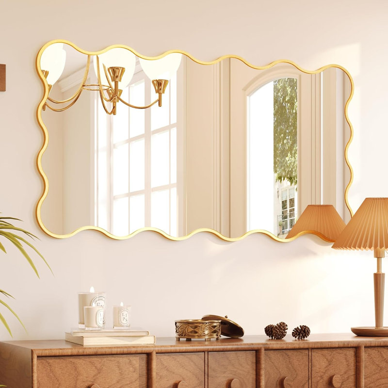 Miroir mural festonné doré 26 po x 48 po - Miroir décoratif à bords ondulés avec feuille d'or appliquée à la main pour chambre et salon